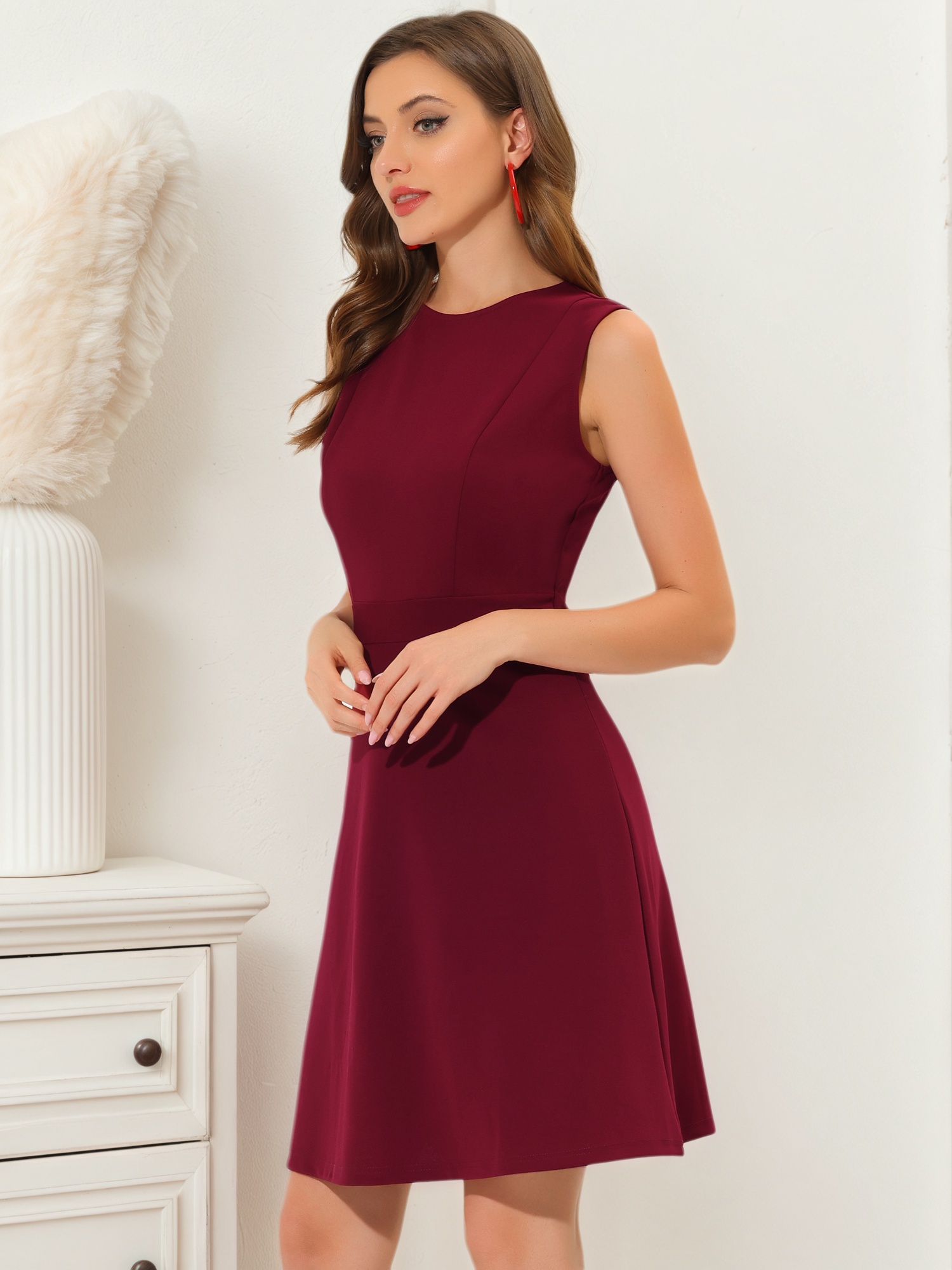 Round Neck Solid Color Sleeveless A-Line Work Midi Dress Burgundy/XS - Allegra K catalog