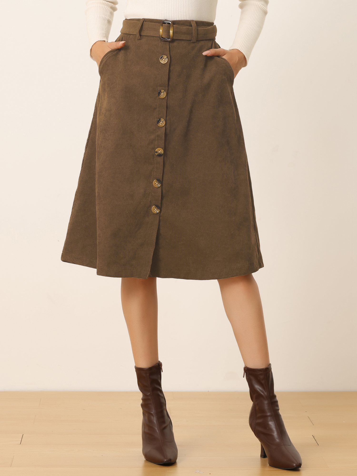 High Waist Button Front Belted Corduroy A-Line Midi Skirt Coffee/M - Allegra K catalog