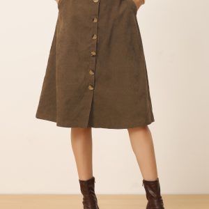 High Waist Button Front Belted Corduroy A-Line Midi Skirt Coffee/XL - Allegra K catalog