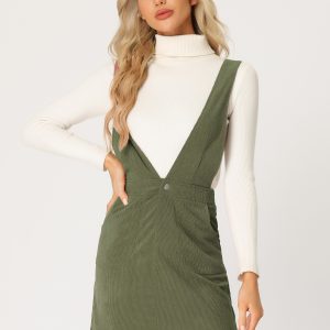 Corduroy Overall V Neck Strap Mini Pinafore Dress Green/XS - Allegra K catalog