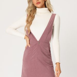 Corduroy Overall V Neck Strap Mini Pinafore Dress Pink/S - Allegra K catalog