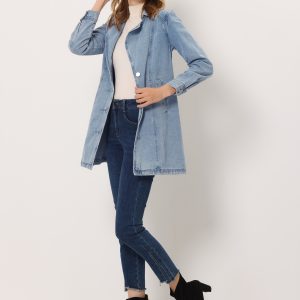 Notched Lapel Belted Trench Long Jean Denim Jacket Blue Gray/S - Allegra K catalog