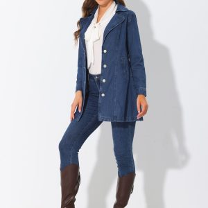 Notched Lapel Belted Trench Long Jean Denim Jacket Blue/S - Allegra K catalog