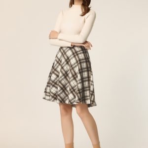 Plaid Tartan Vintage Elastic Waist Knee Length A-Line Skirt Khaki/L - Allegra K catalog