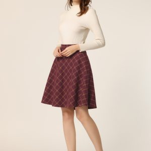 Plaid Tartan Vintage Elastic Waist Knee Length A-Line Skirt Burgundy/XL - Allegra K catalog
