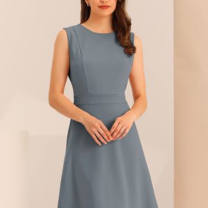 Round Neck Solid Color Sleeveless A-Line Work Midi Dress Grey/XS - Allegra K catalog