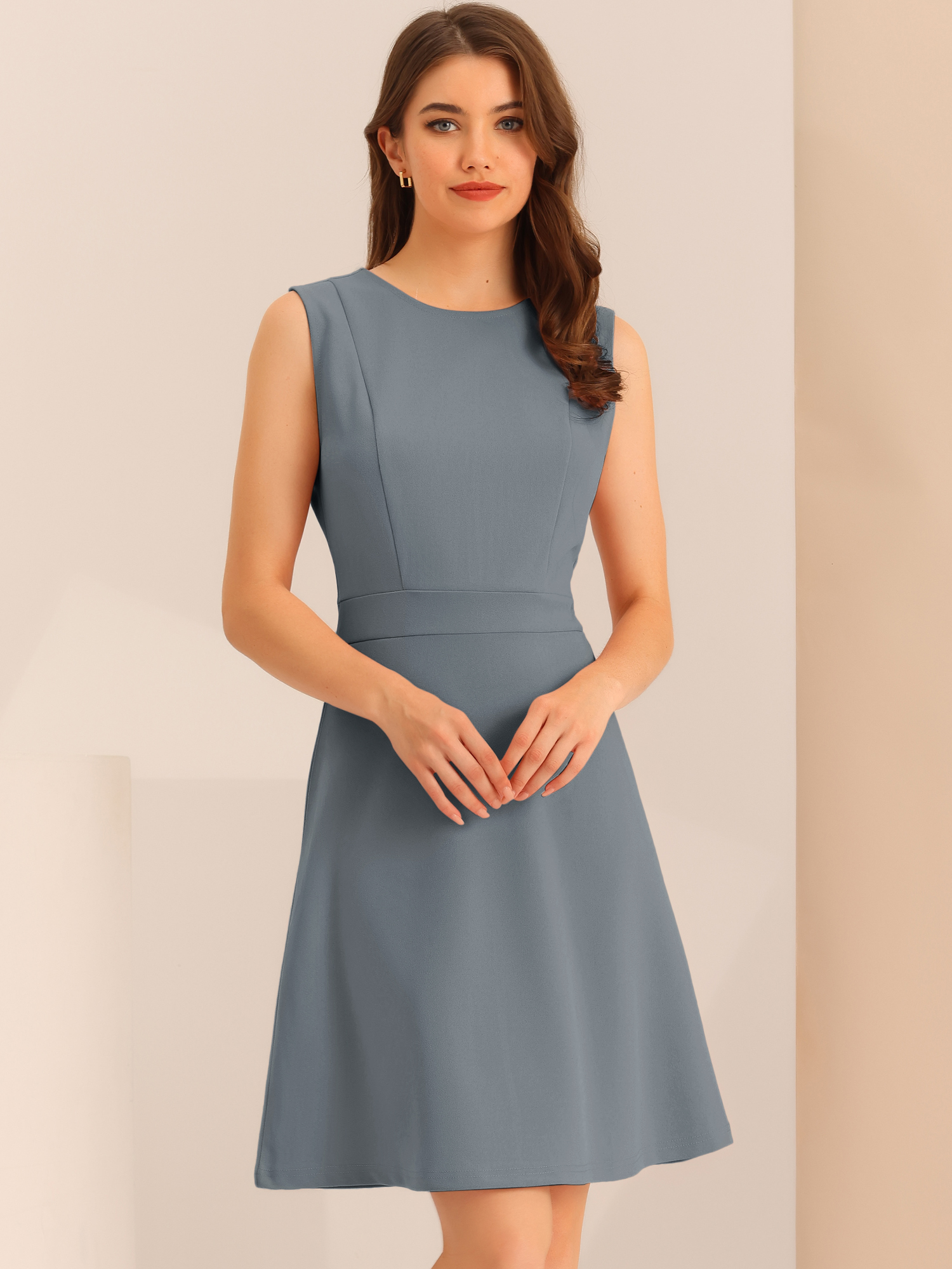 Round Neck Solid Color Sleeveless A-Line Work Midi Dress Grey/L - Allegra K catalog