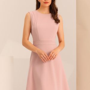 Round Neck Solid Color Sleeveless A-Line Work Midi Dress Pink/XL - Allegra K catalog