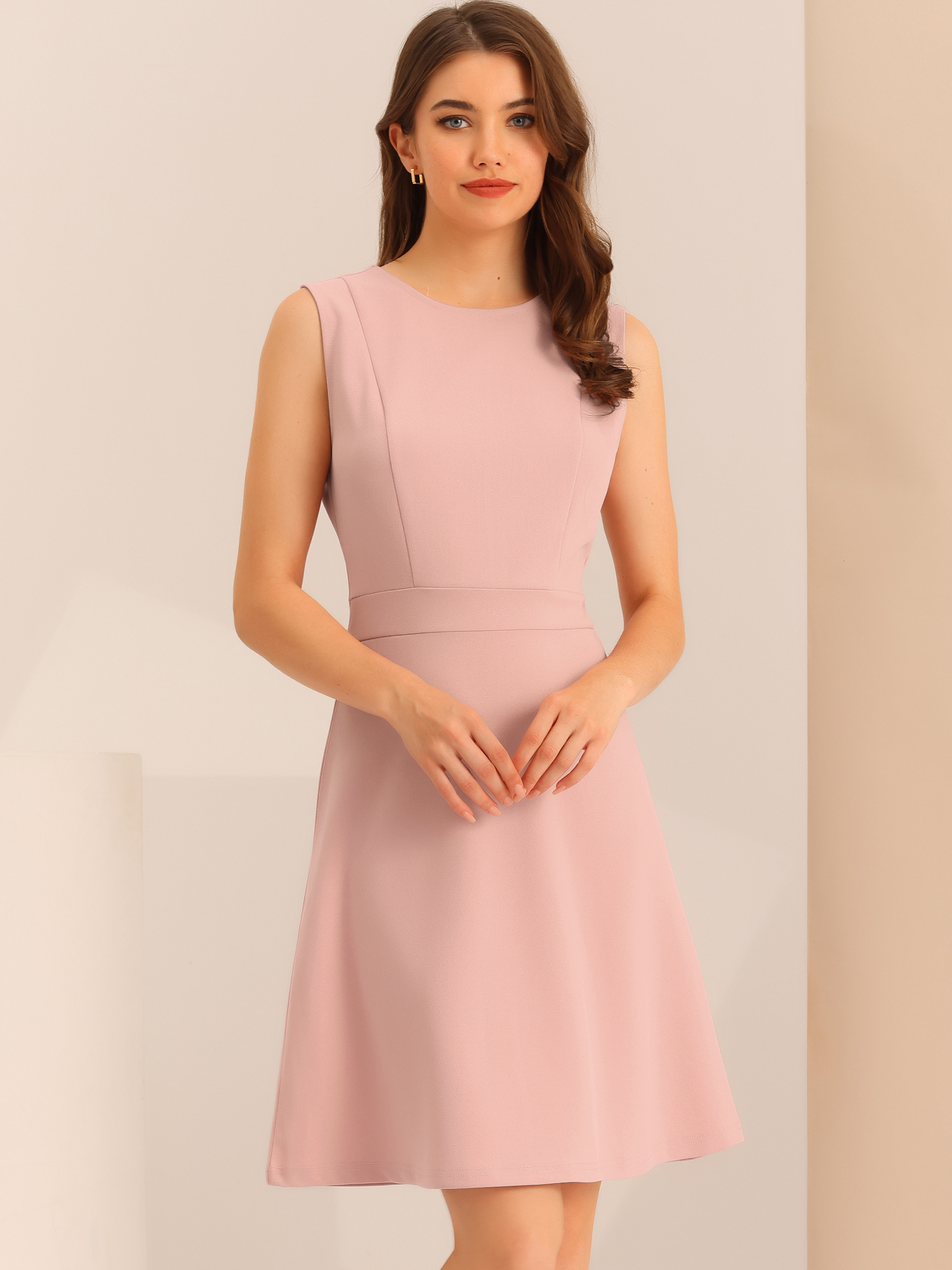 Round Neck Solid Color Sleeveless A-Line Work Midi Dress Pink/XL - Allegra K catalog