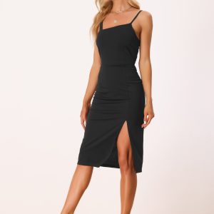 Spaghetti Strap Split Hem Cocktail Solid Sheath Dress Black/S - Allegra K catalog