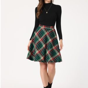 Vintage Plaid Tartan Elastic Waist Knee Length A-Line Skirt Green Red/M - Allegra K catalog