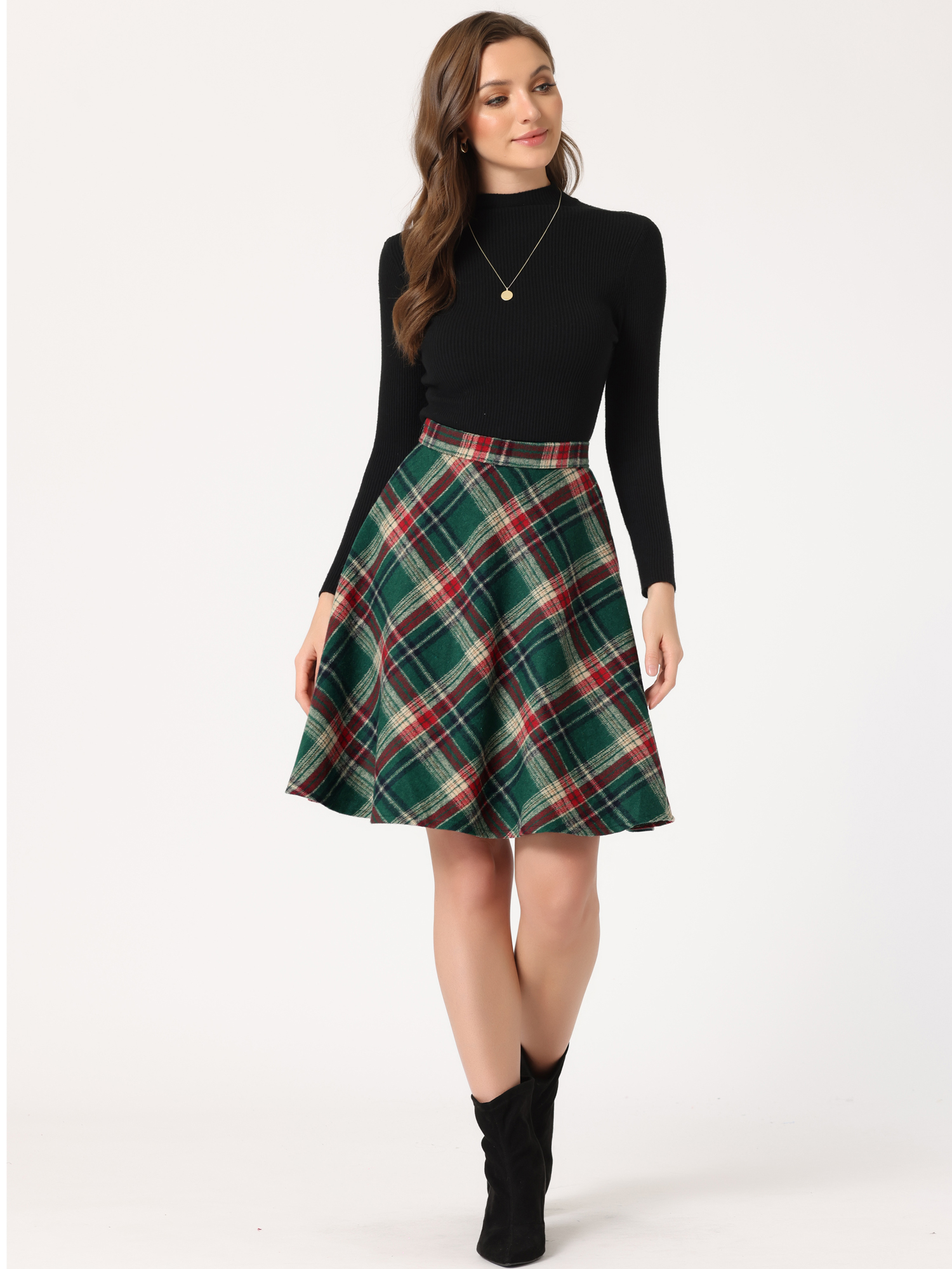 Vintage Plaid Tartan Elastic Waist Knee Length A-Line Skirt Green Red/M - Allegra K catalog