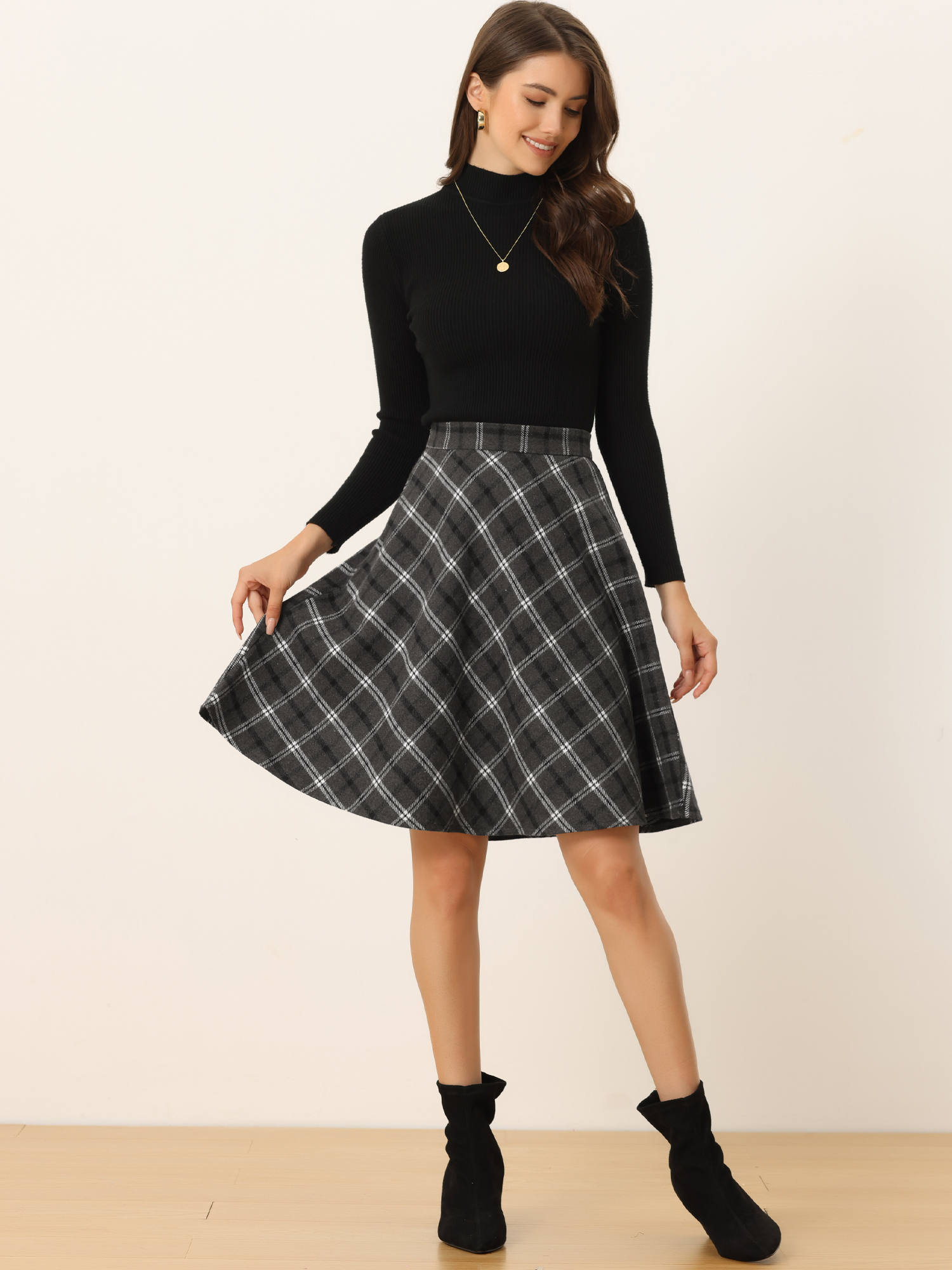 Vintage Plaid Tartan Elastic Waist Knee Length A-Line Skirt Dark Grey/XS - Allegra K catalog