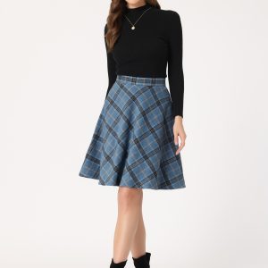 Plaid Tartan Vintage Elastic Waist Knee Length A-Line Skirt Grey Blue/L - Allegra K catalog