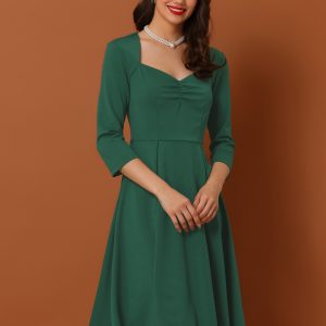 Retro Sweetheart Neck 1950s Retro Cocktail A-Line Dress Dark Green/M - Allegra K catalog