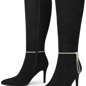 Rhinestone Crystal Chain Pointed Toe Stiletto Heel Knee High Boots Black/8 - Allegra K catalog