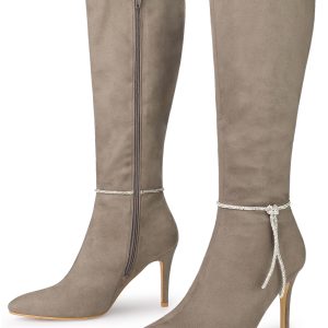 Rhinestone Crystal Chain Pointed Toe Stiletto Heel Knee High Boots Taupe/10 - Allegra K catalog