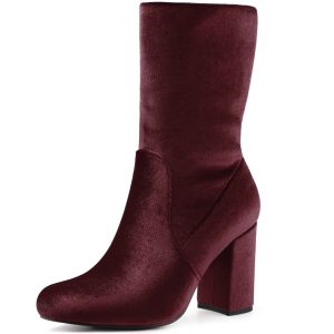 Round Toe Block Heel Foldable Mid Calf Faux Velvet Boots Burgundy/6.5 - Allegra K catalog