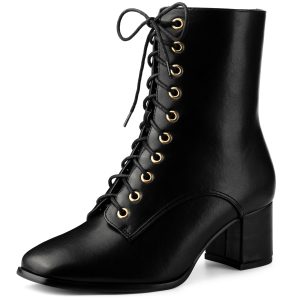 Square Toe Lace Up Chunky Heel Ankle Zipper Combat Boots Black/6.5 - Allegra K catalog