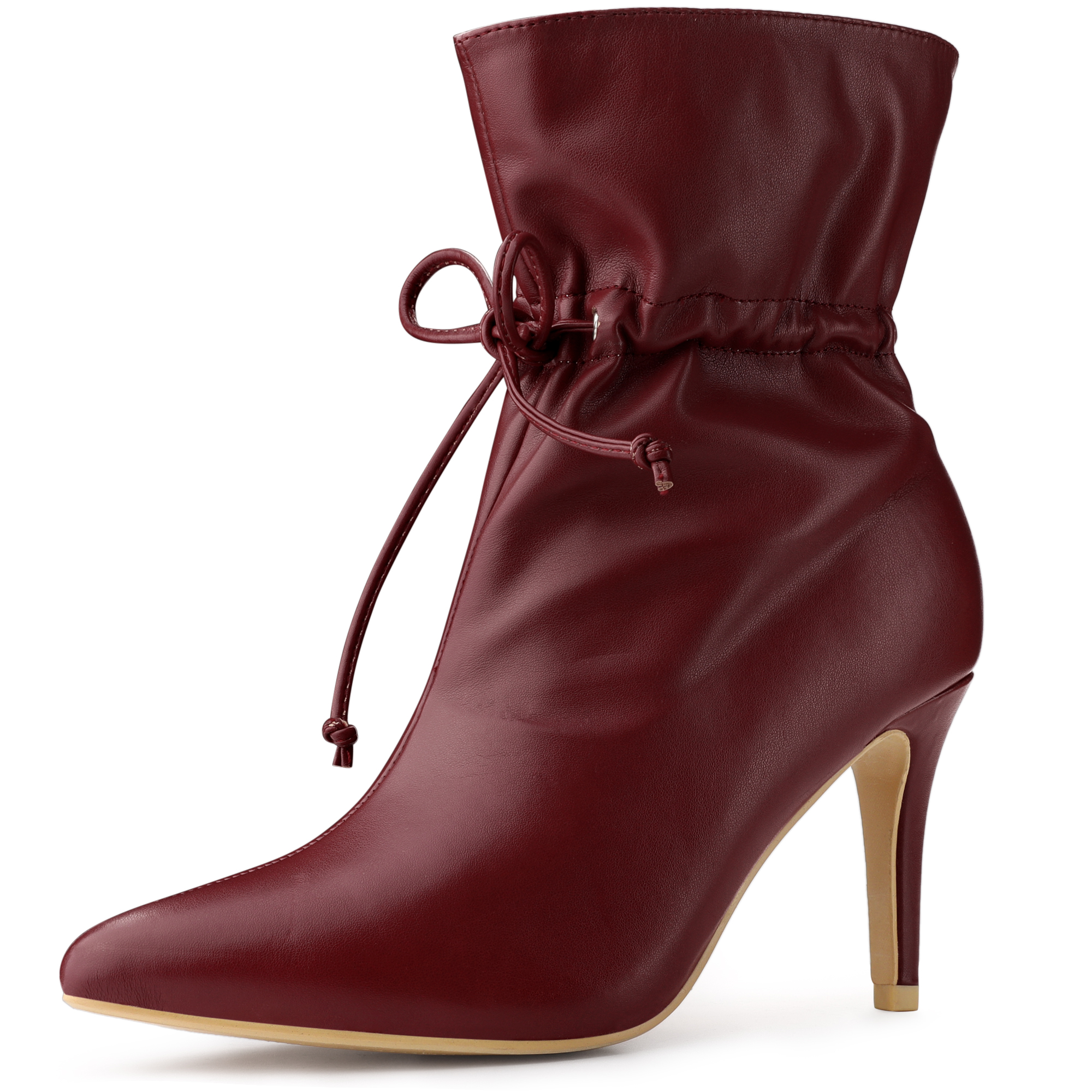 Pointed Toe Drawstring Pull On Stiletto Heel Ankle Boots Burgundy/6 - Allegra K catalog