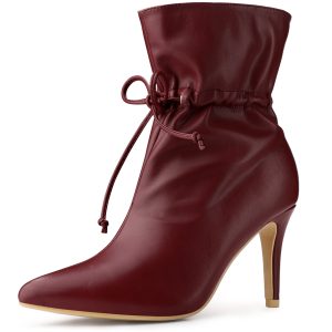 Pointed Toe Drawstring Pull On Stiletto Heel Ankle Boots Burgundy/7.5 - Allegra K catalog