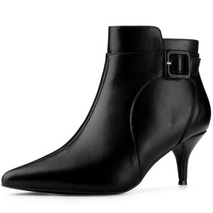 Pointy Toe Zipper Buckle Decor Kitten Heel Ankle Boots Black/9.5 - Allegra K catalog