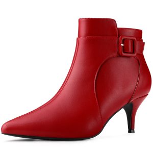 Pointy Toe Zipper Buckle Decor Kitten Heel Ankle Boots Red/7 - Allegra K catalog
