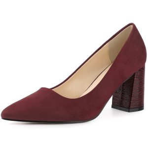 Pointy Toe Slip On Plaid Printing Chunky Heel Pumps Burgundy/6.5 - Allegra K catalog