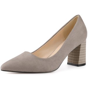 Pointy Toe Slip On Plaid Printing Chunky Heel Pumps Taupe/7 - Allegra K catalog