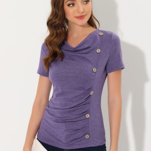 Cowl Neck Short Sleeve Casual Basic Solid Knitted Buttons Decor Ruched Top Purple/XL - Allegra K catalog