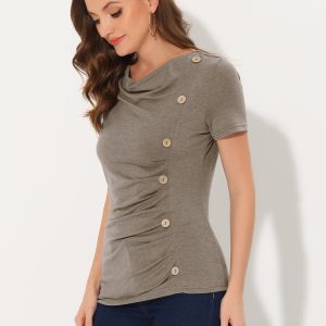 Cowl Neck Short Sleeve Casual Basic Solid Knitted Buttons Decor Ruched Top Brown/M - Allegra K catalog