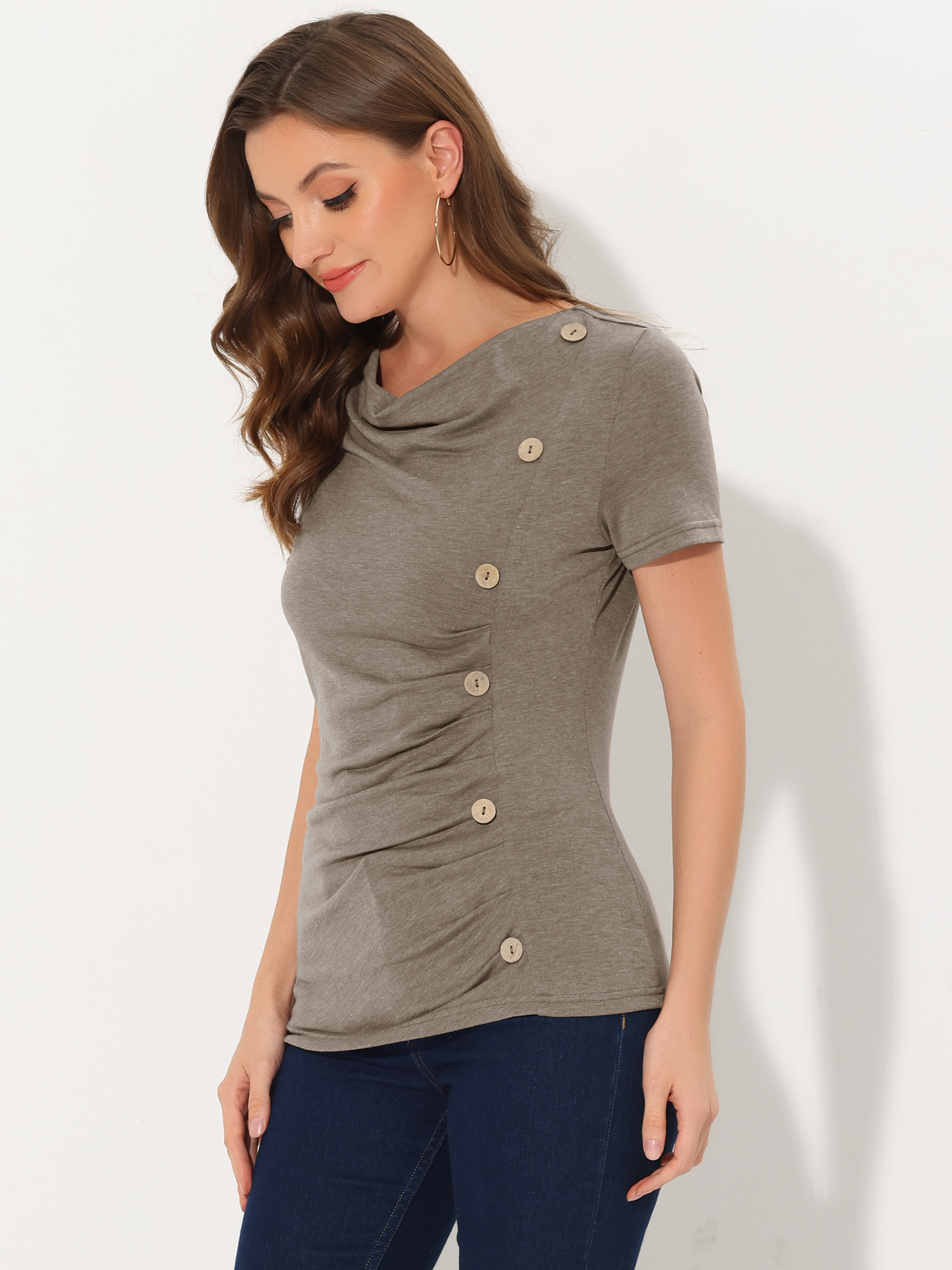 Cowl Neck Short Sleeve Casual Basic Solid Knitted Buttons Decor Ruched Top Brown/XL - Allegra K catalog