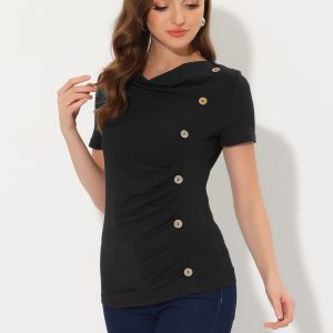 Cowl Neck Short Sleeve Casual Basic Solid Knitted Buttons Decor Ruched Top Black/L - Allegra K catalog