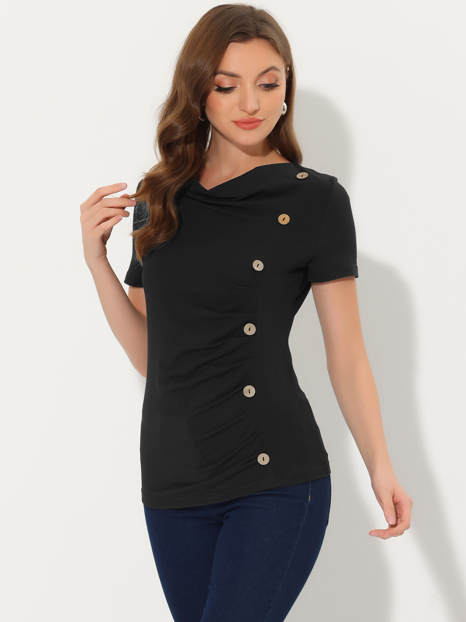 Cowl Neck Short Sleeve Casual Basic Solid Knitted Buttons Decor Ruched Top Black/XL - Allegra K catalog