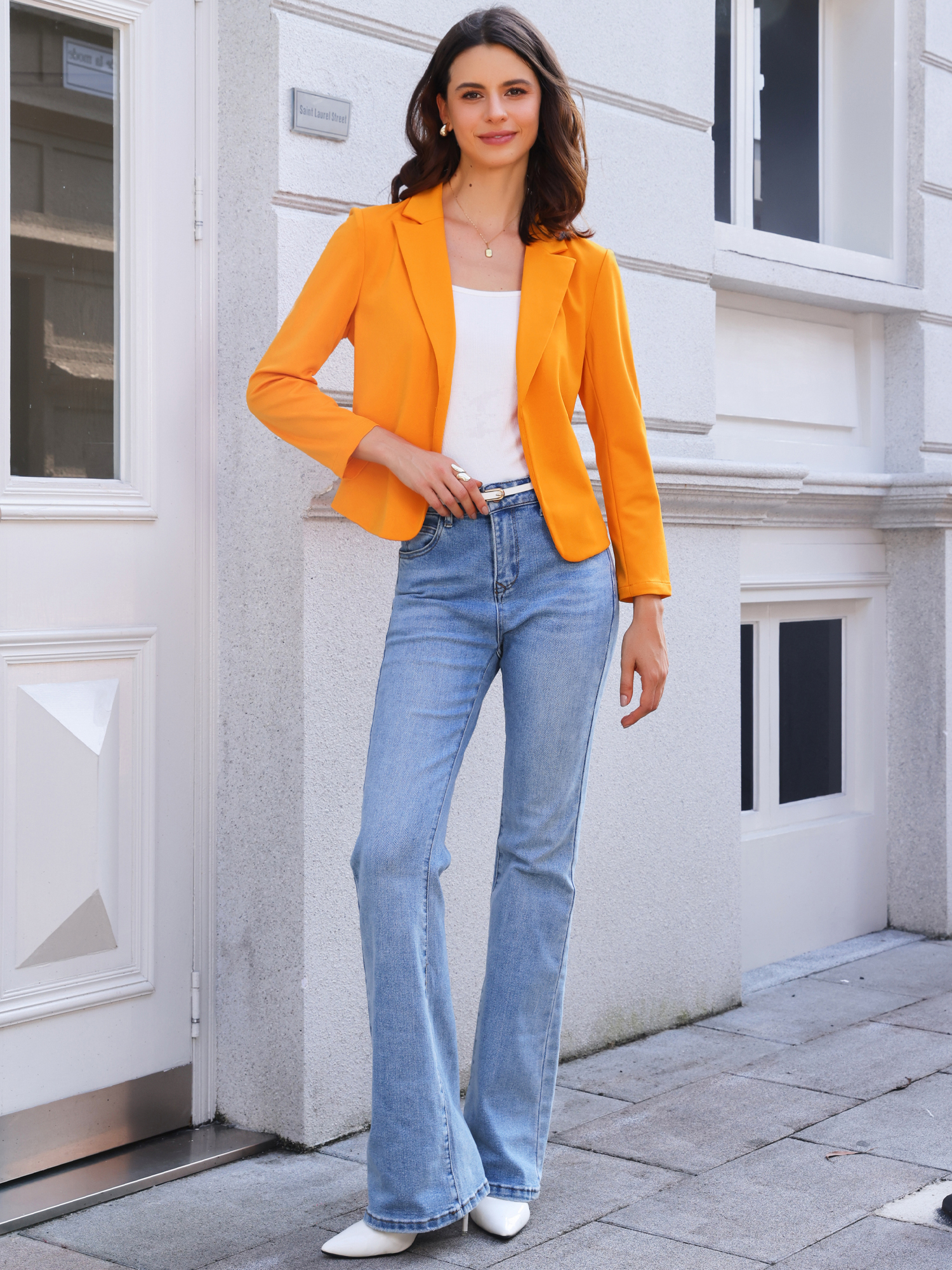 Business Blazer Open Front Office Casual Work Crop Suit Jacket Orange/S - Allegra K catalog