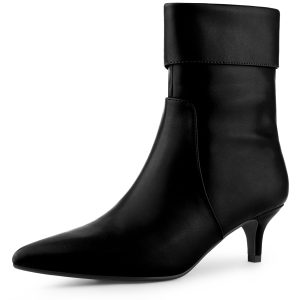 Faux Leather Fold Over Kitten Heel Zipper Ankle Boot Black/9 - Allegra K catalog
